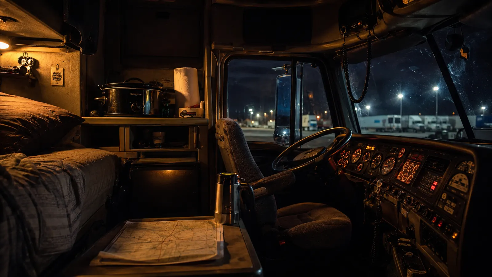 RoadPro 12V slow cooker sitting on a semi truck cab shelf next to a thermos and road atlas