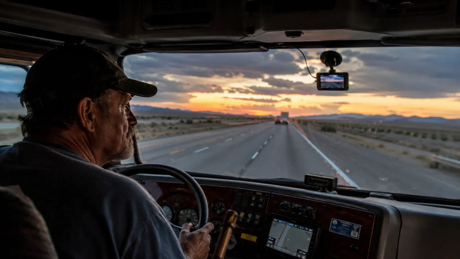 A semi truck cab windshield with a dash cam mounted in the upper center, highway stretching ahead at dusk
