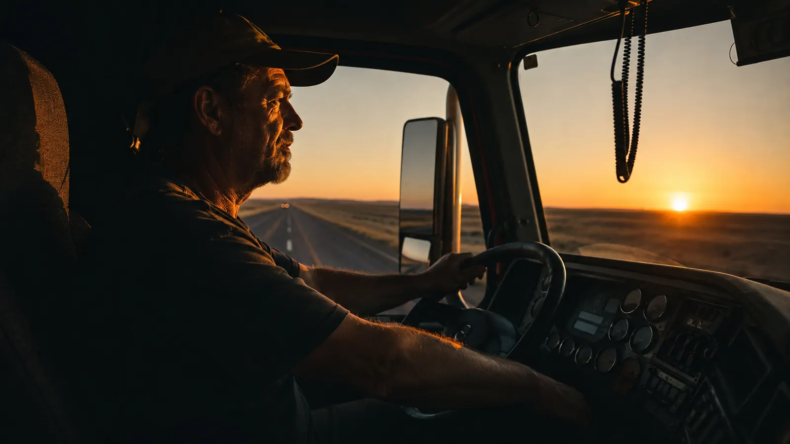 Long-haul trucker in the cab of a semi at sunrise, large highway stretching ahead, warm golden light through the windshield