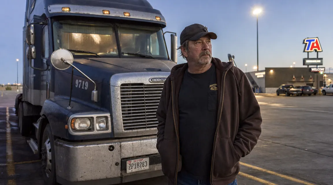 Semi truck sleeper cab parked at a truck stop at dawn, bright lot lights flooding through windshield
