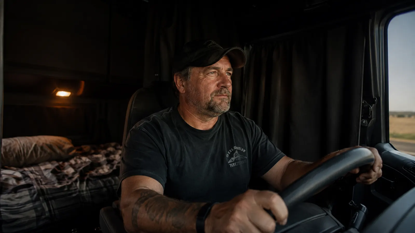Blackout curtains installed in a semi truck sleeper cab blocking bright afternoon sunlight