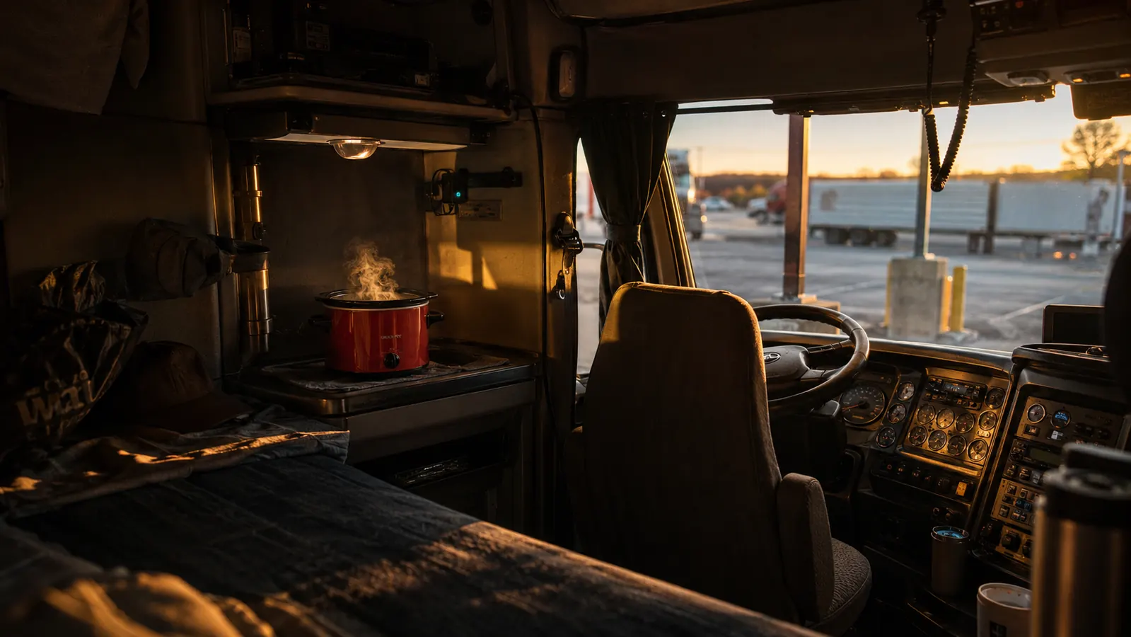A trucker's cab kitchenette setup with a 12V slow cooker plugged into the cigarette lighter outlet, steam rising from the lid, parked at a truck stop at dusk