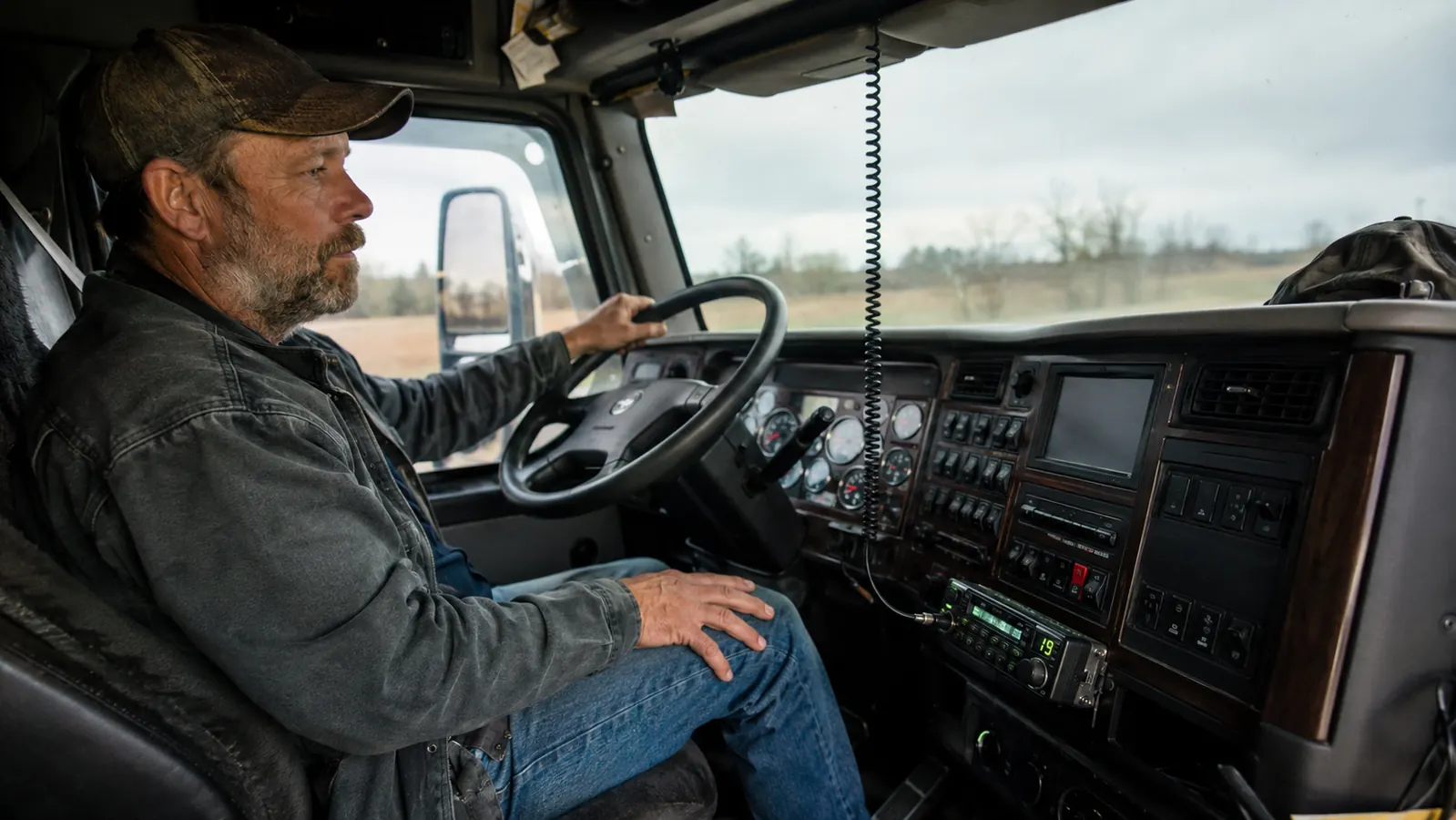 Semi truck cab interior with CB radio mounted on the dash and antenna cable running toward the window
