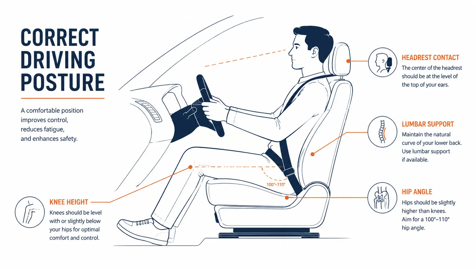 Diagram showing correct lumbar-supported seated posture for truck drivers