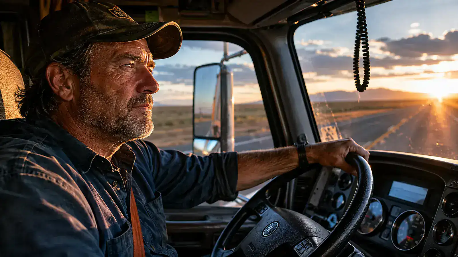 Long-haul truck driver in the cab seat, hands on the wheel, open highway ahead at sunrise
