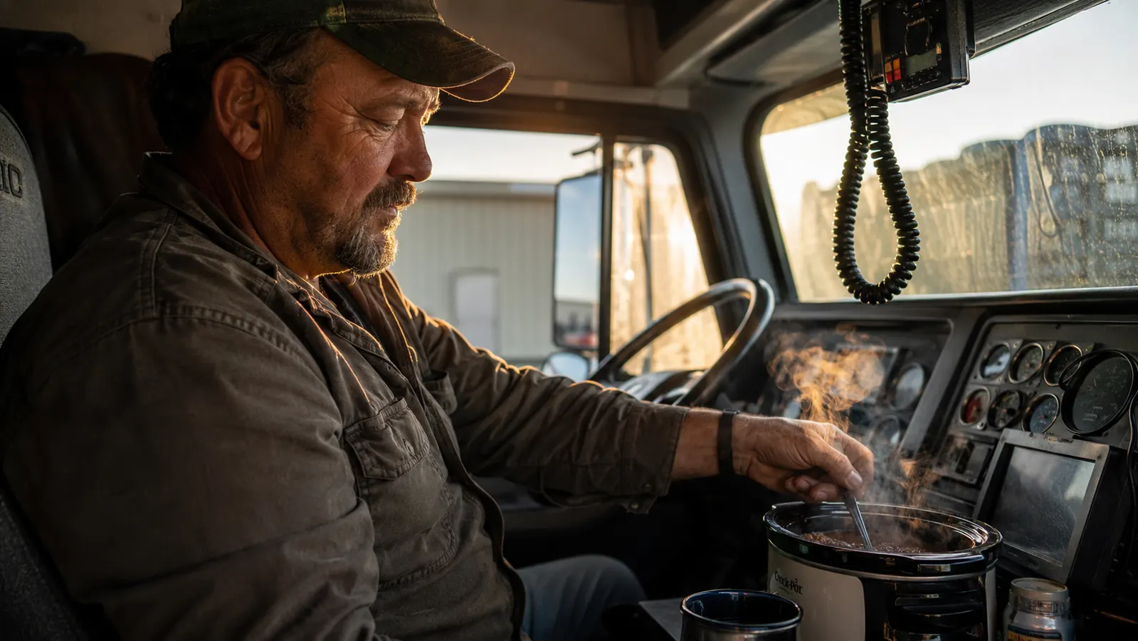 Semi truck cab interior at dusk with a small slow cooker sitting on the passenger seat console, steam rising from the lid