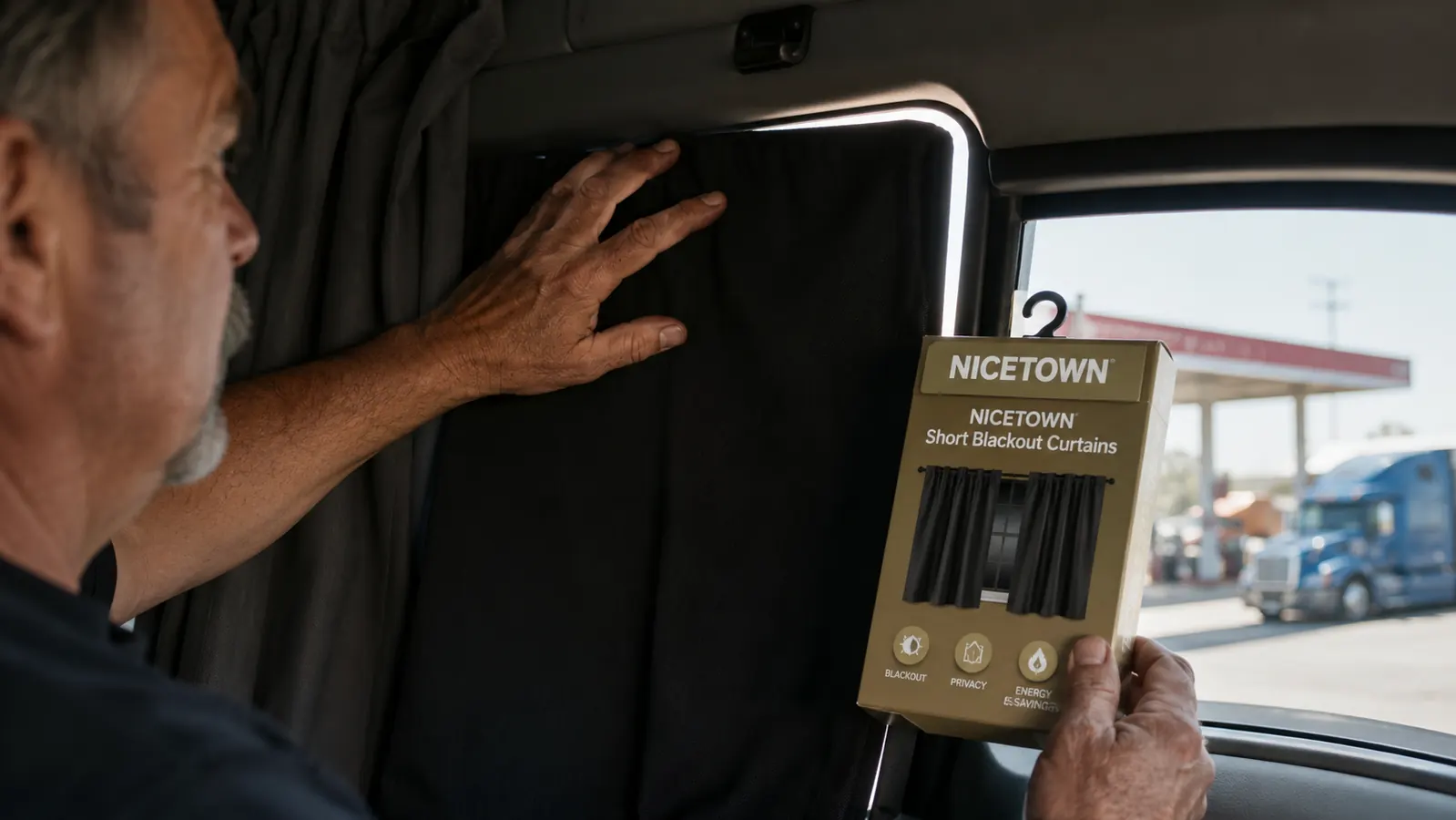 Trucker's hand checking the edge seal of a blackout curtain against a sleeper window, bright sunlight visible around the curtain edge