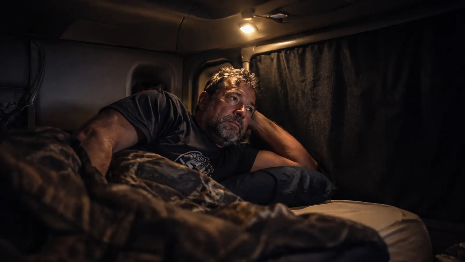 Dark sleeper cab bunk with blackout curtains fully closed, soft amber light from a bunk reading lamp on the side panel