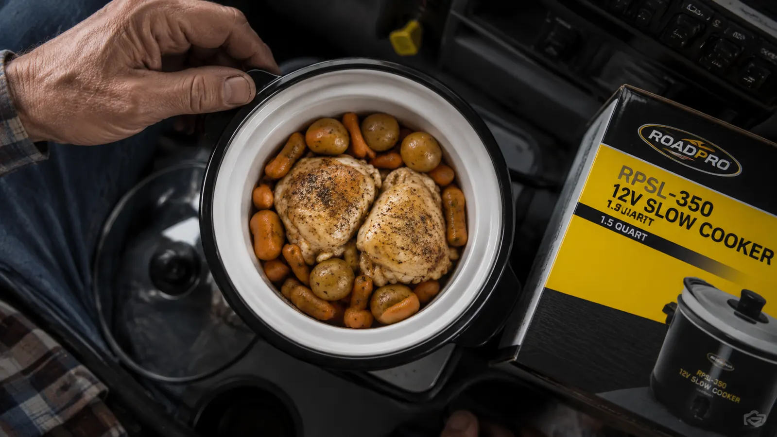 Inside view of the slow cooker showing 1.5-quart capacity with two chicken thighs and vegetables fitting comfortably