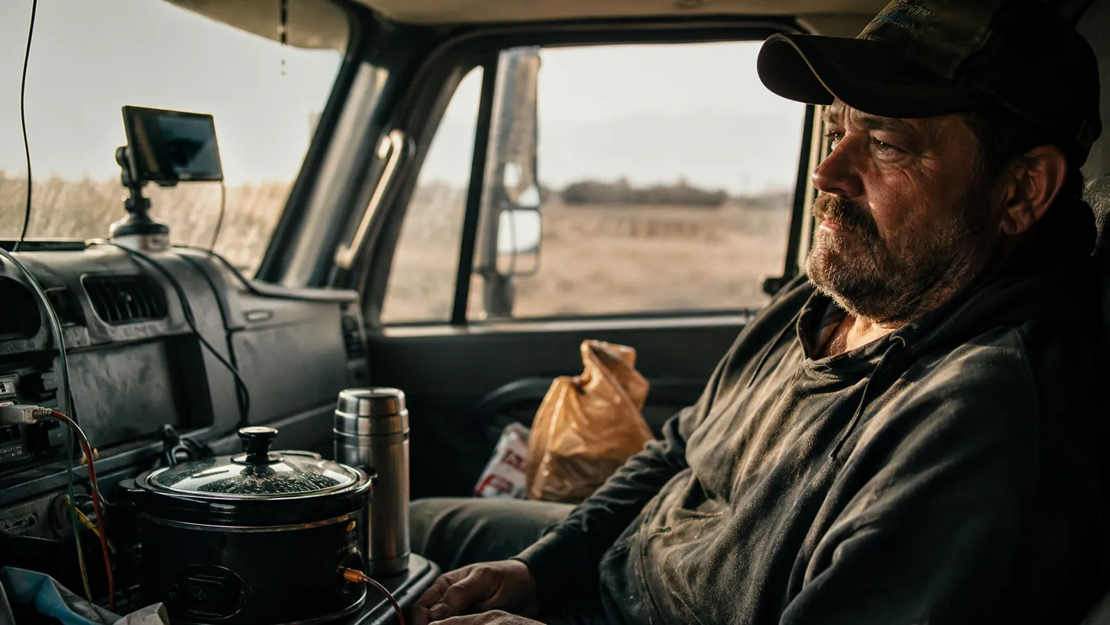 RoadPro 12V slow cooker sitting on a truck cab passenger seat beside a thermos and a grocery bag