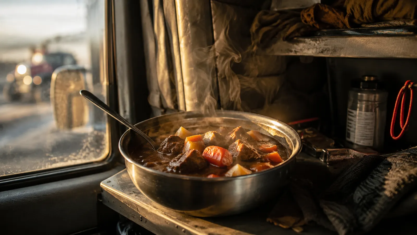Bowl of beef stew cooked in a 12V slow cooker inside a semi truck cab