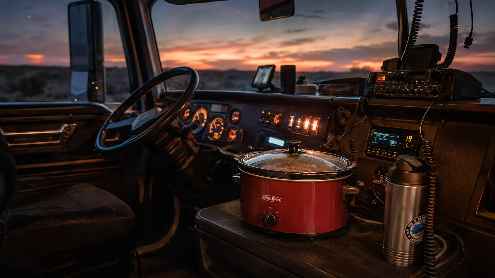 RoadPro 12V slow cooker sitting on a semi truck cab console next to a thermos and trucker gear