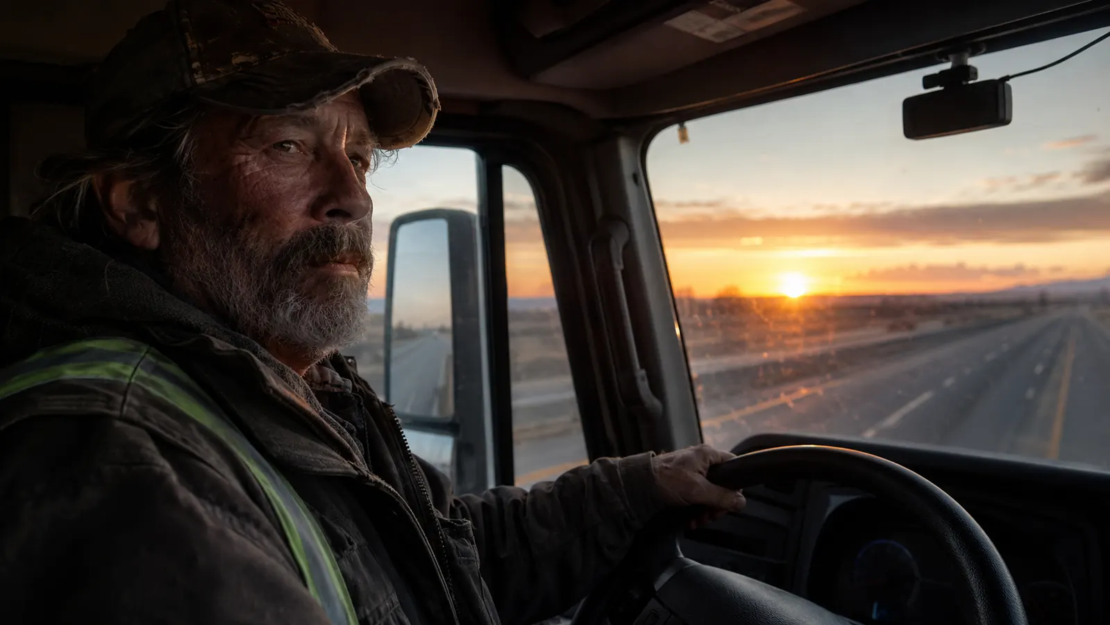 ROVE R2-4K dash cam mounted on a semi truck windshield, sunrise light coming through the glass