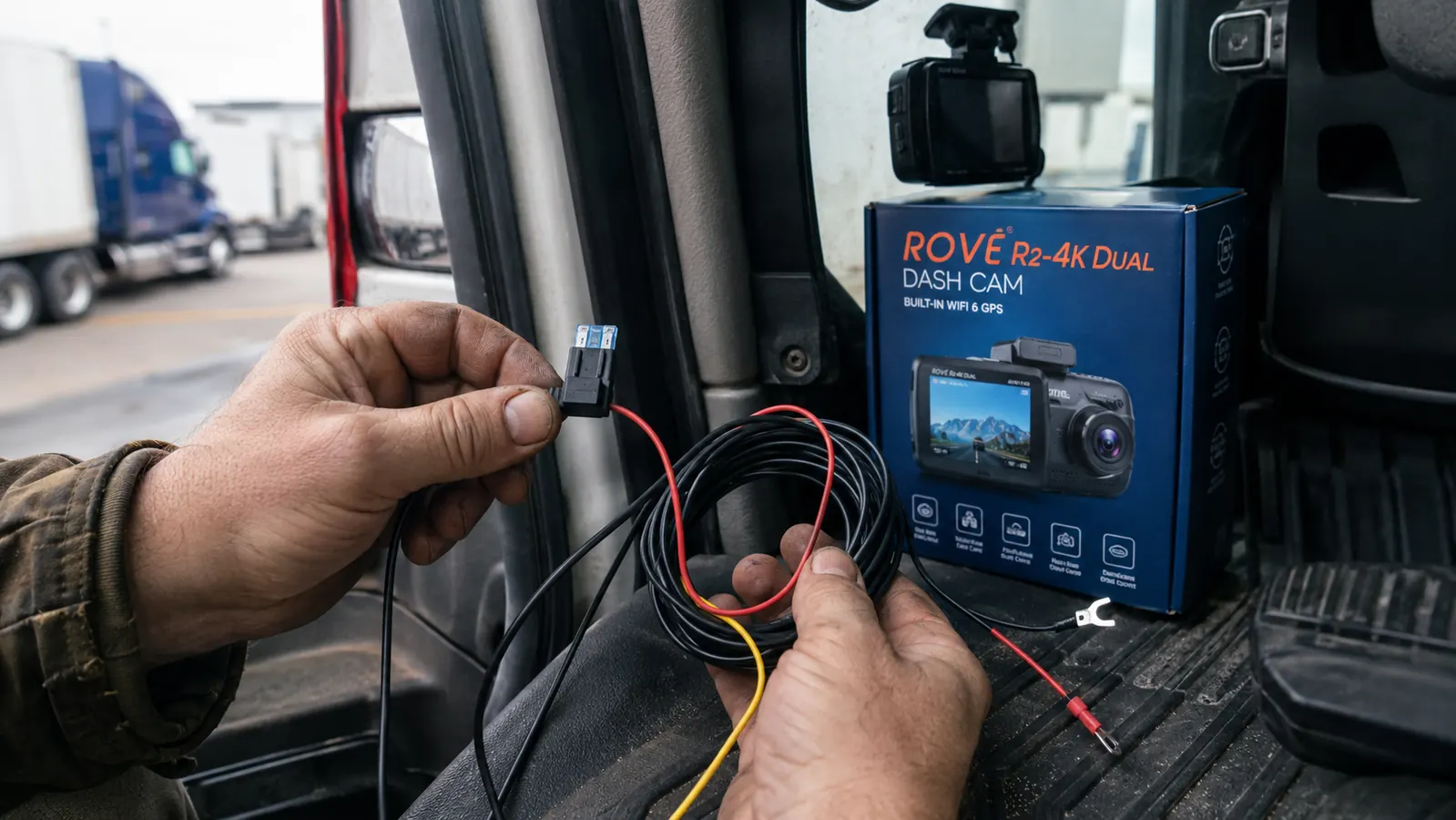 Dash cam hardwire kit and fuse tap laid out on truck cab floor during installation