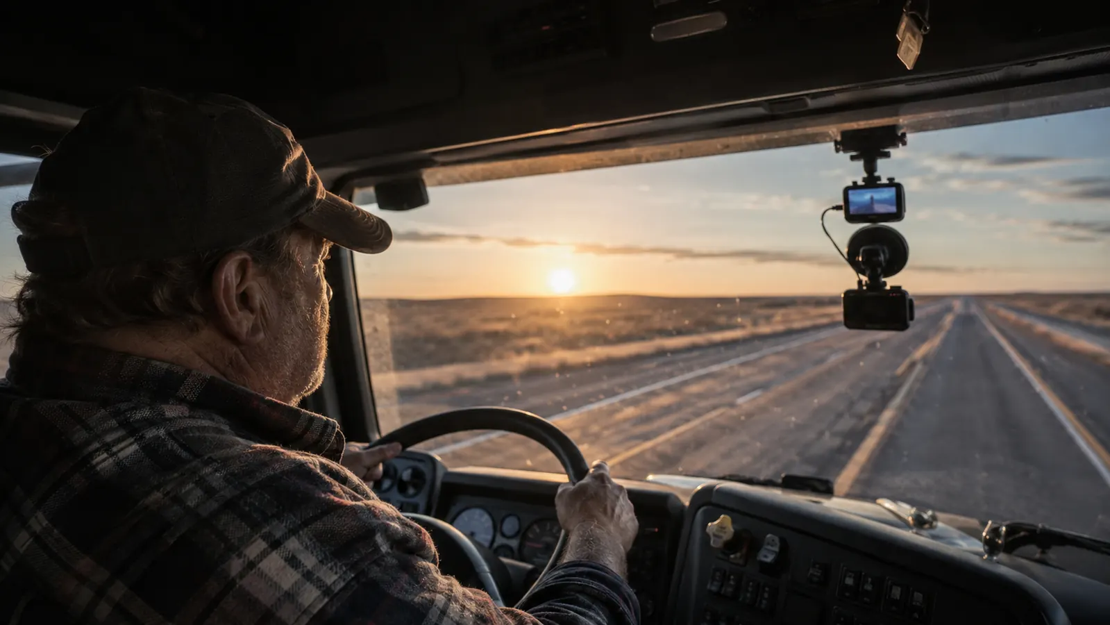 ROVE R2-4K dual dash cam mounted on semi truck windshield at dawn, highway stretching ahead