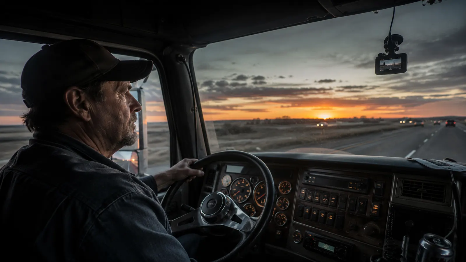 Dual dash cam mounted on a semi truck windshield at dawn on an empty interstate highway