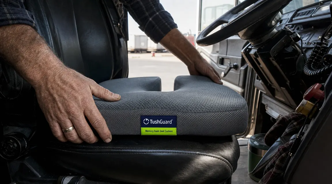 Close-up of a trucker's hand placing a seat cushion onto a vinyl cab seat before a run