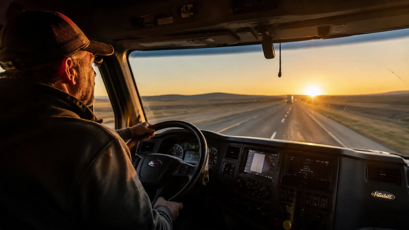 Long-haul trucker sitting in the cab of a Peterbilt at sunrise, hands resting on the steering wheel, open highway ahead