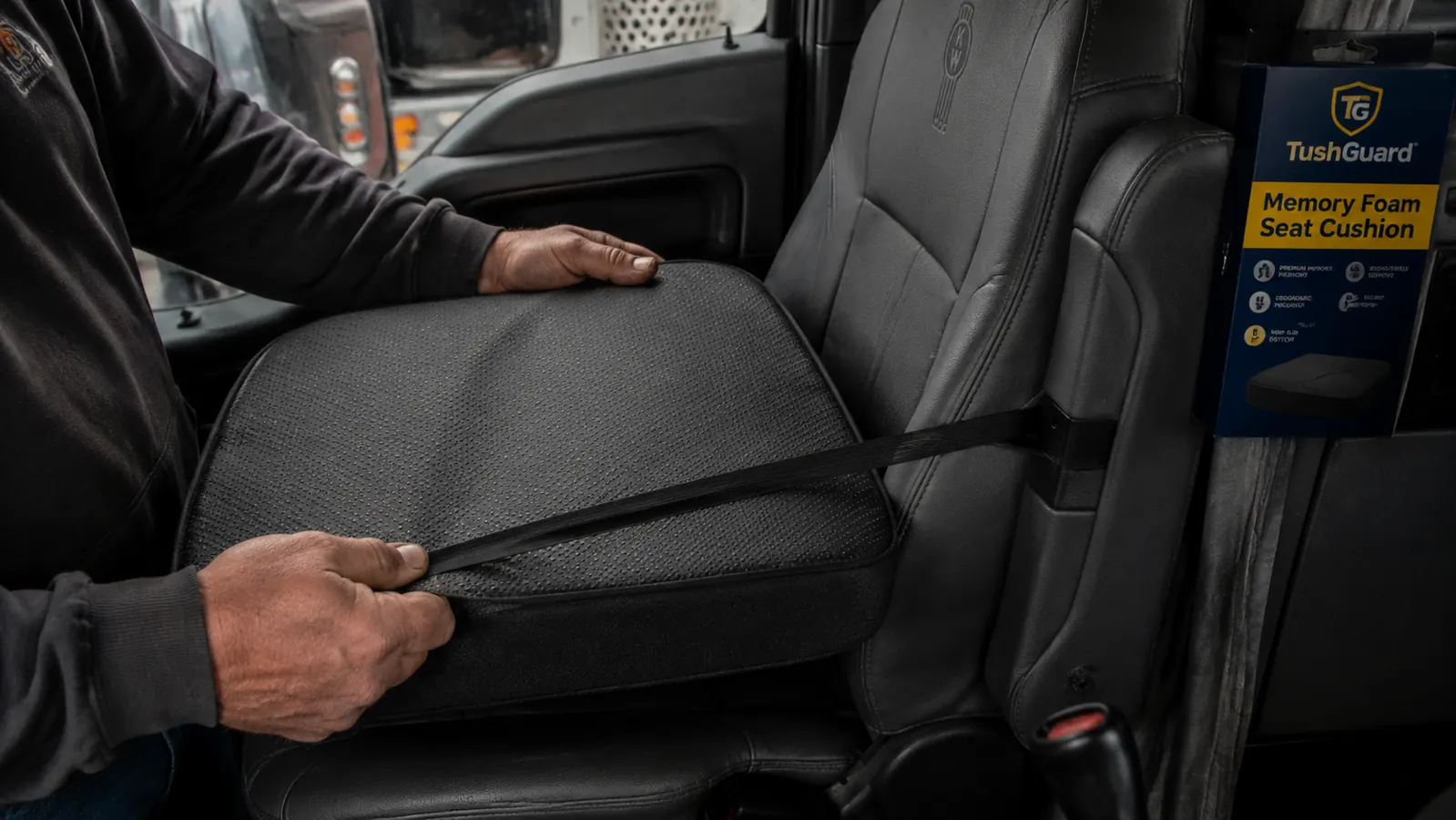 TushGuard cushion strapped onto a truck seat with the anti-slip bottom visible, strap wrapped around seat back