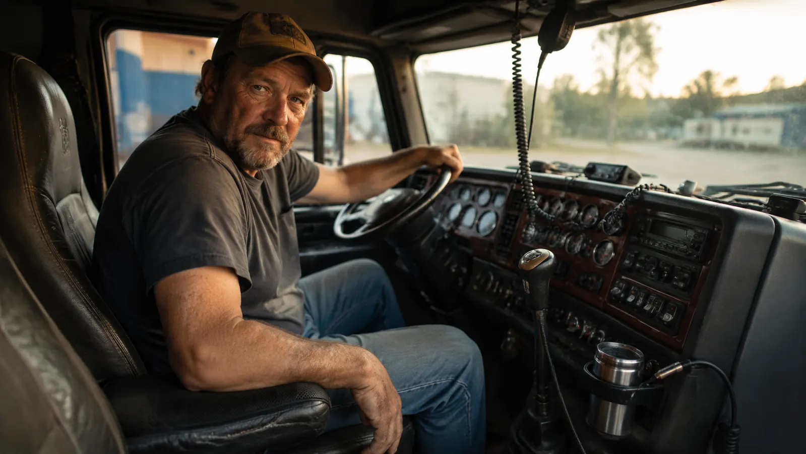 Black memory foam seat cushion sitting on the driver seat of a semi truck cab, dashboard visible in background, morning light through windshield