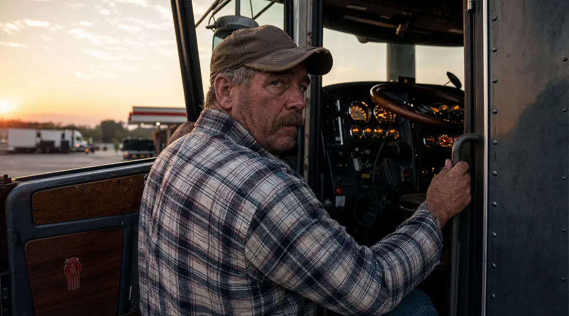 Long-haul trucker adjusting seat in a Kenworth cab at first light in a truck stop parking lot