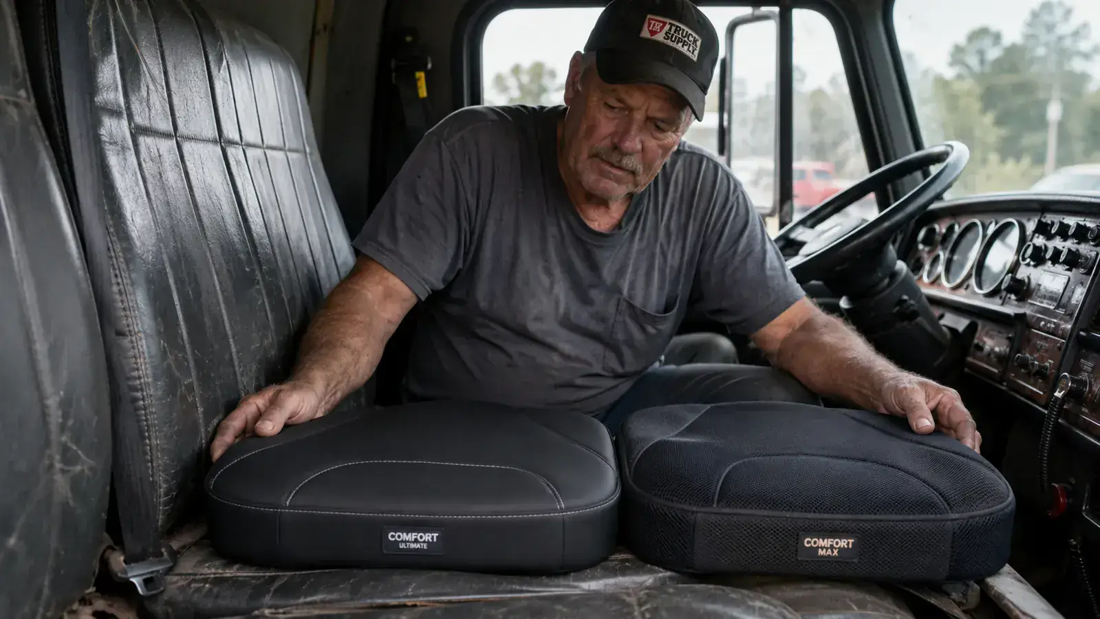Two seat cushions side by side on a semi truck driver seat, cab interior visible in background
