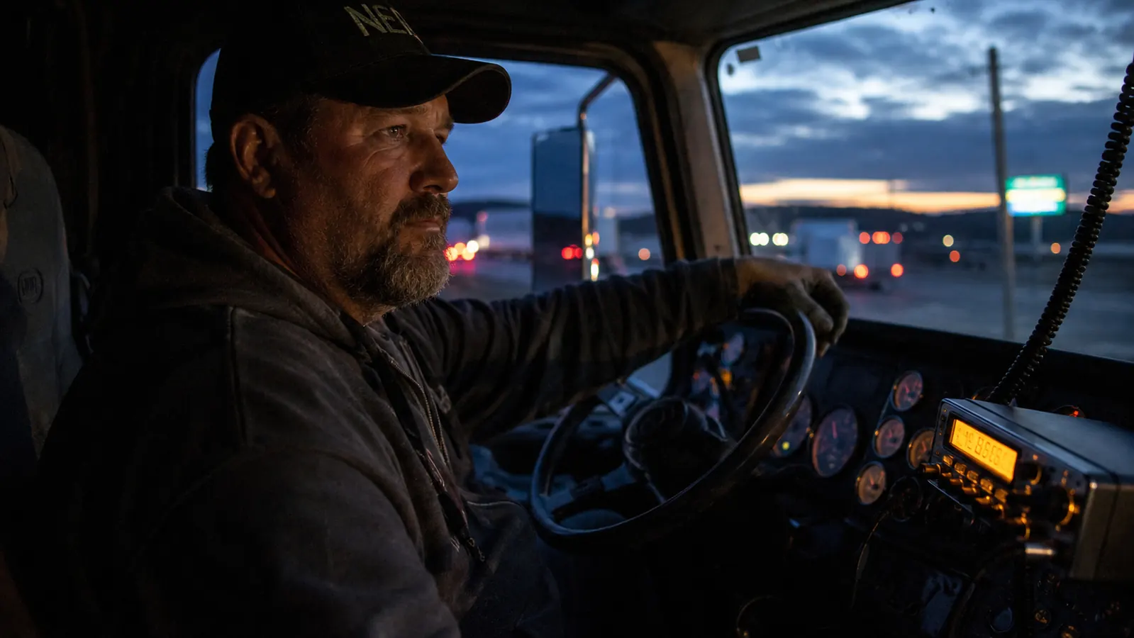 Uniden BEARCAT 980 CB radio mounted on the dash of a semi truck cab at dusk, amber cab lights glowing