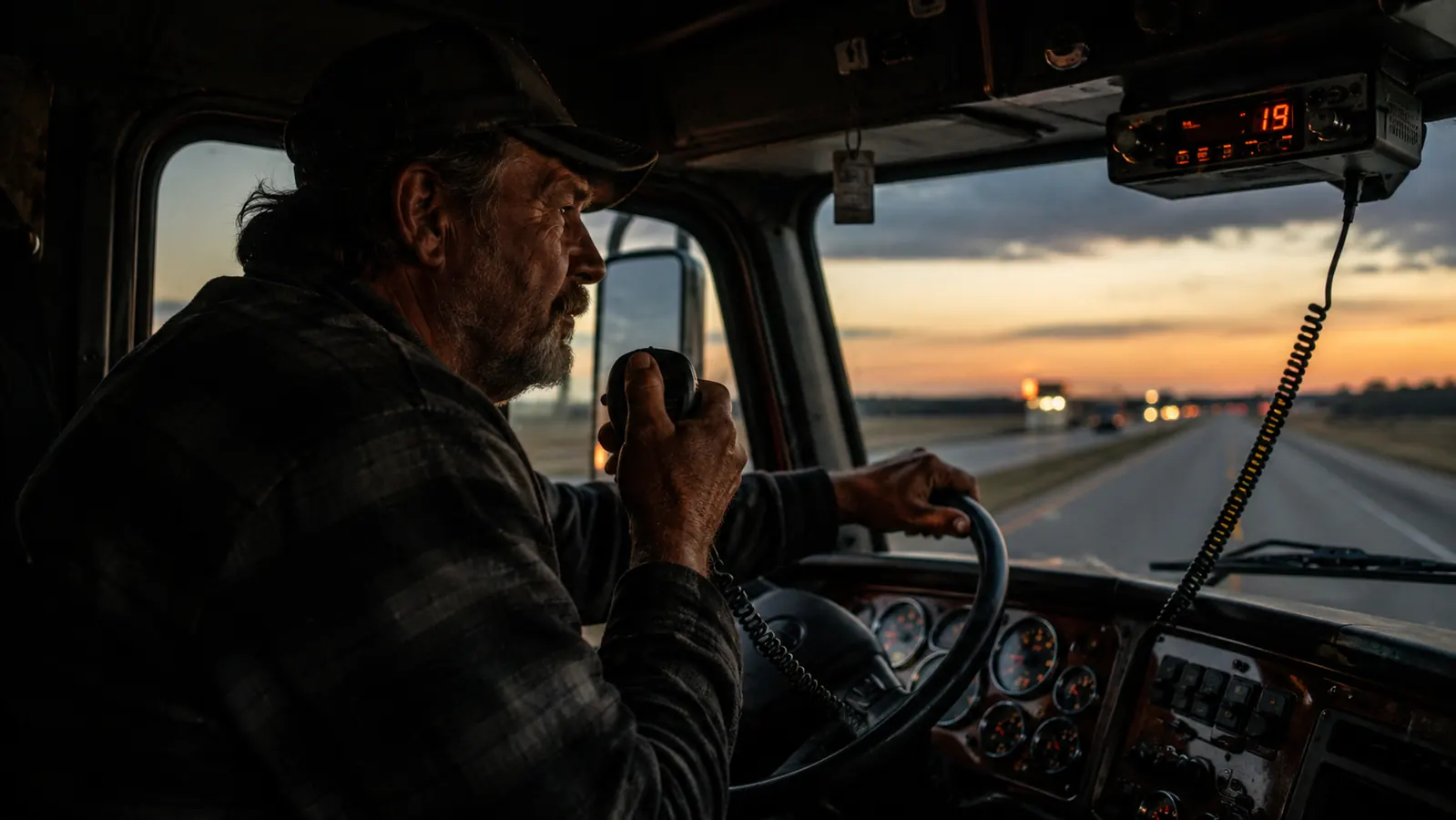 Uniden BEARCAT 980 CB radio mounted on a semi truck dashboard at dusk, glowing amber display visible
