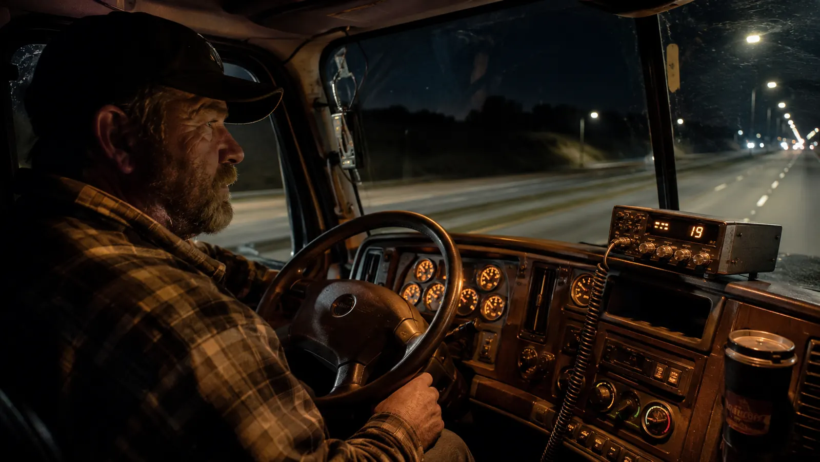 CB radio mounted on the dash of a semi truck cab at night, amber instrument glow in the background
