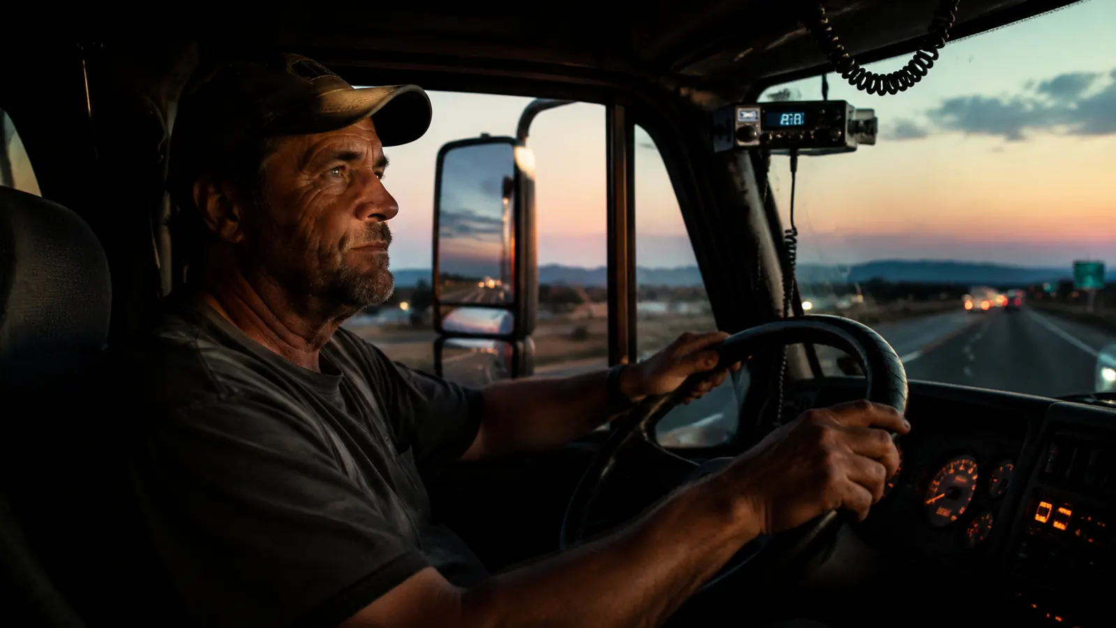 Truck cab at dusk on a Tennessee highway, dashboard lights glowing, CB radio mounted to the right of the steering wheel